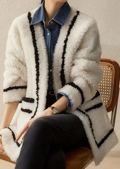 French White V Neck Pockets Patchwork Wool Coats Winter Ada Fashion