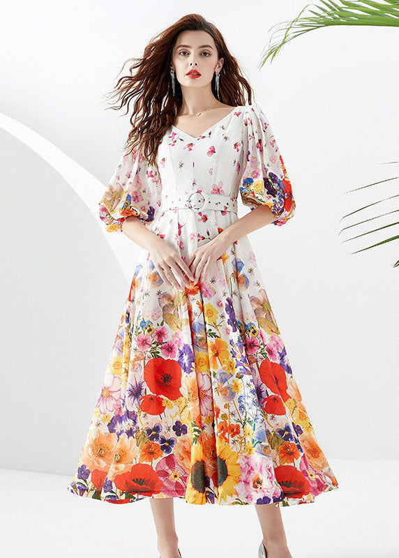 French White V Neck Print Sashes Patchwork Chiffon Dresses Lantern Sleeve LY7392 - fabuloryshop