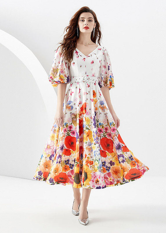 French White V Neck Print Sashes Patchwork Chiffon Dresses Lantern Sleeve LY7392 - fabuloryshop