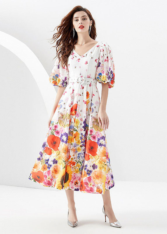 French White V Neck Print Sashes Patchwork Chiffon Dresses Lantern Sleeve LY7392 - fabuloryshop