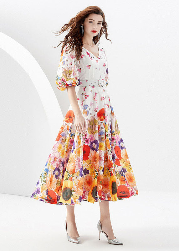French White V Neck Print Sashes Patchwork Chiffon Dresses Lantern Sleeve LY7392 - fabuloryshop