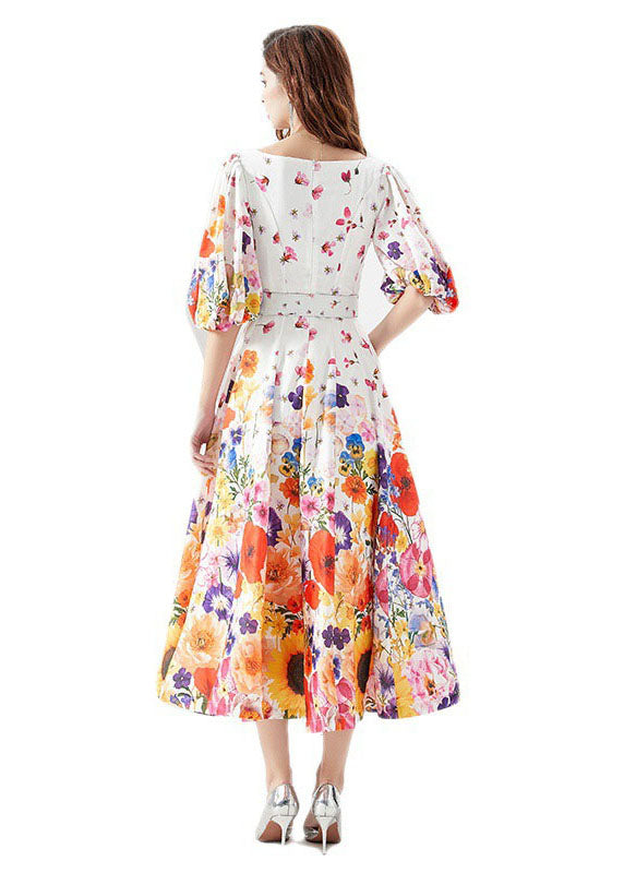 French White V Neck Print Sashes Patchwork Chiffon Dresses Lantern Sleeve LY7392 - fabuloryshop