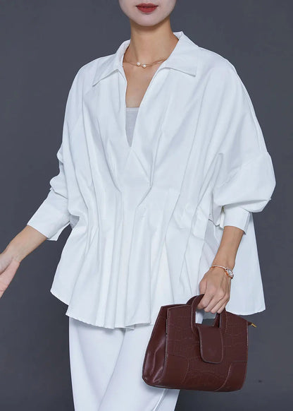 French White V Neck Wrinkled Cotton Blouses Fall Ada Fashion