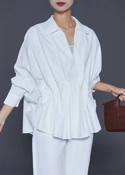 French White V Neck Wrinkled Cotton Blouses Fall Ada Fashion