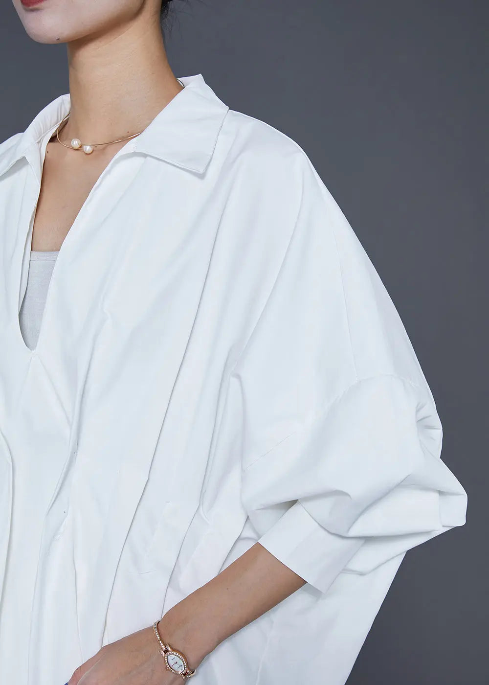 French White V Neck Wrinkled Cotton Blouses Fall Ada Fashion