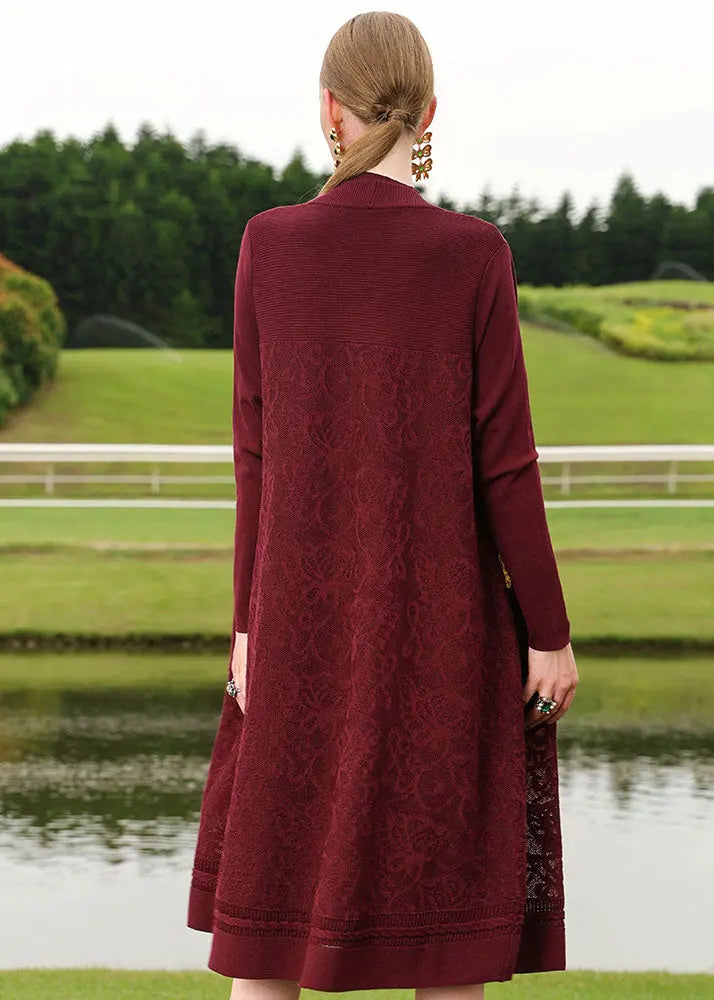 French Wine Red V Neck Cozy Wool Knit Sweaters Cardigans Long Sleeve Ada Fashion