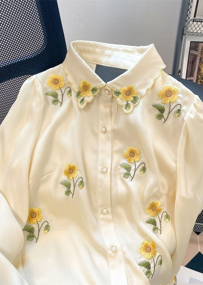 French Yellow Floral Embroideried Patchwork Silk Shirt Tops Spring LY1428 - fabuloryshop