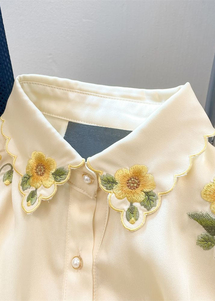 French Yellow Floral Embroideried Patchwork Silk Shirt Tops Spring LY1428 - fabuloryshop