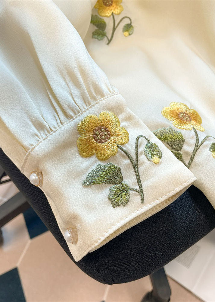 French Yellow Floral Embroideried Patchwork Silk Shirt Tops Spring LY1428 - fabuloryshop