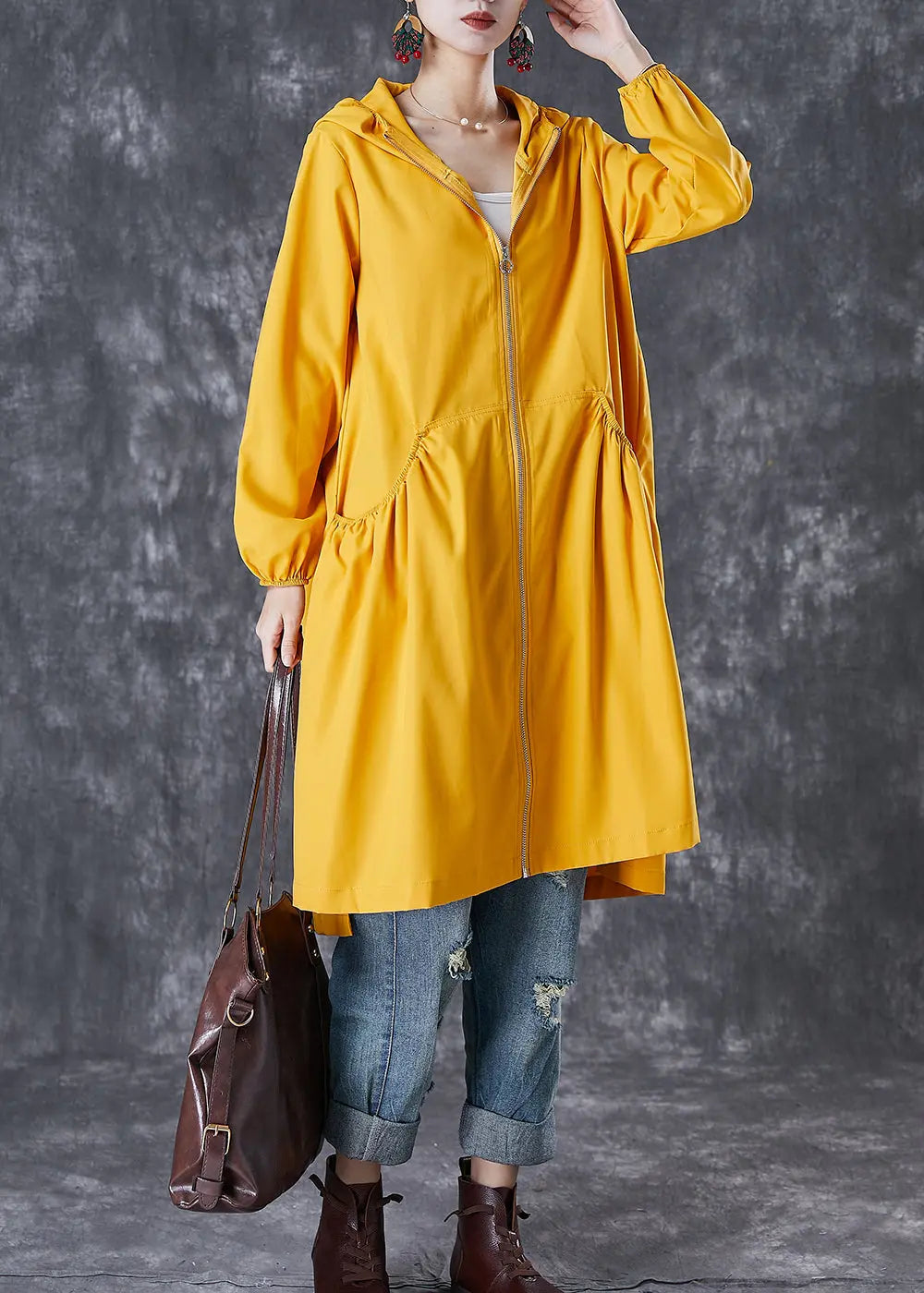 French Yellow Hooded Pockets Trench Coats Fall Ada Fashion