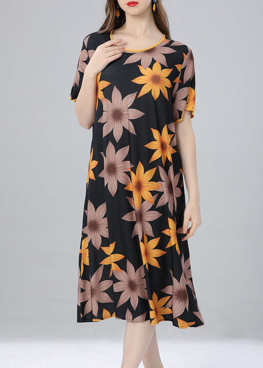 French Yellow O Neck Floral Patchwork Cotton Dress Summer Ada Fashion