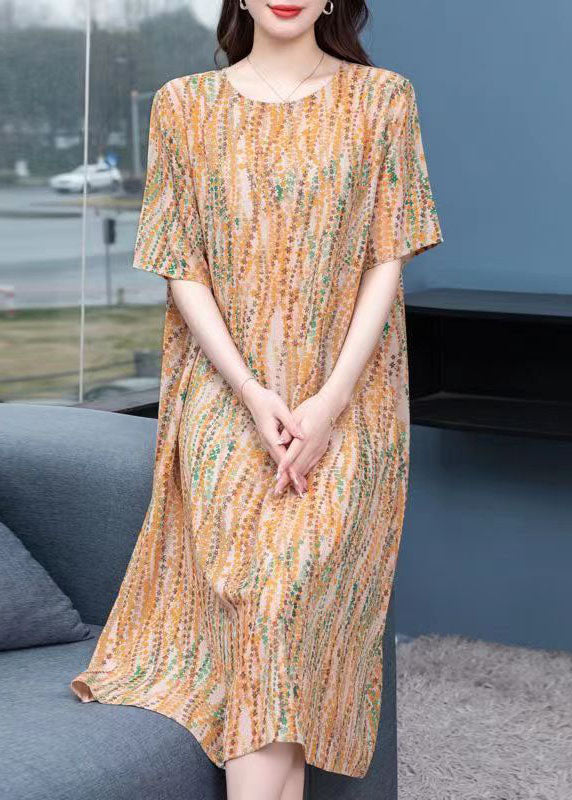 French Yellow O Neck Print Patchwork Chiffon Mid Dress Summer Ada Fashion