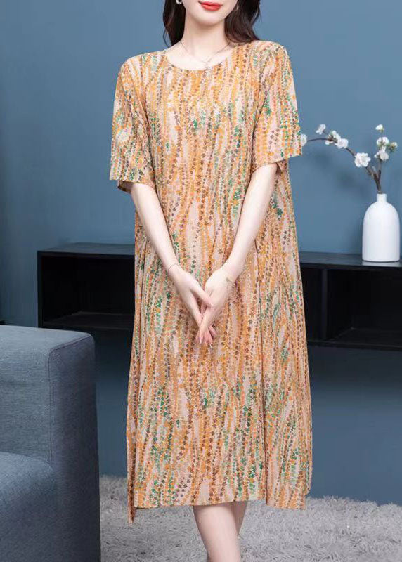 French Yellow O Neck Print Patchwork Chiffon Mid Dress Summer Ada Fashion