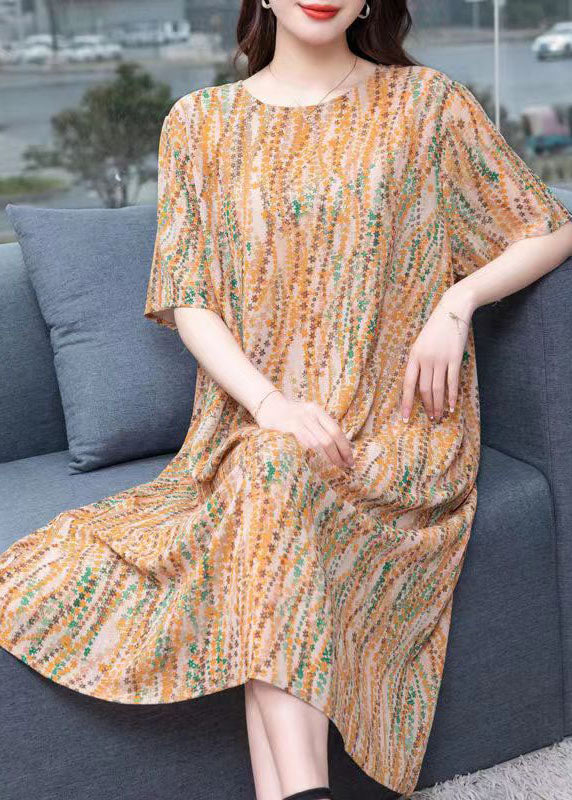 French Yellow O Neck Print Patchwork Chiffon Mid Dress Summer Ada Fashion