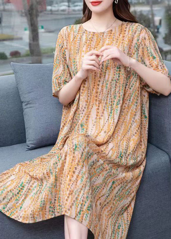 French Yellow O Neck Print Patchwork Chiffon Mid Dress Summer Ada Fashion