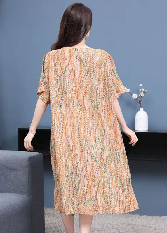 French Yellow O Neck Print Patchwork Chiffon Mid Dress Summer Ada Fashion