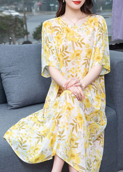 French Yellow O Neck Print Patchwork Chiffon Mid Dresses Summer LY6513 - fabuloryshop