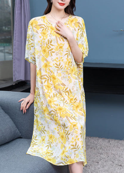 French Yellow O Neck Print Patchwork Chiffon Mid Dresses Summer LY6513 - fabuloryshop