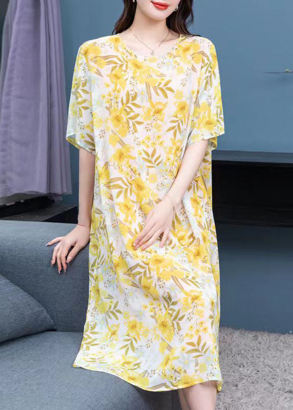 French Yellow O Neck Print Patchwork Chiffon Mid Dresses Summer LY6513 - fabuloryshop