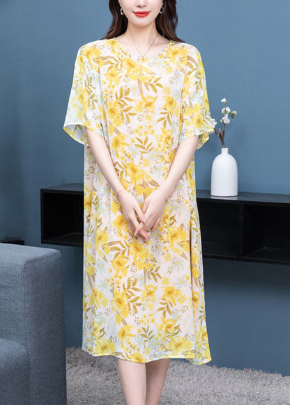 French Yellow O Neck Print Patchwork Chiffon Mid Dresses Summer LY6513 - fabuloryshop