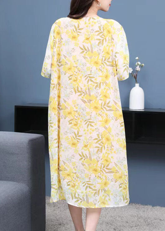 French Yellow O Neck Print Patchwork Chiffon Mid Dresses Summer LY6513 - fabuloryshop