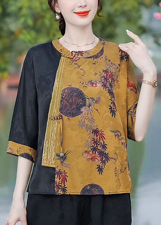 French Yellow O Neck Print Patchwork Silk Top Summer LC0275 - fabuloryshop