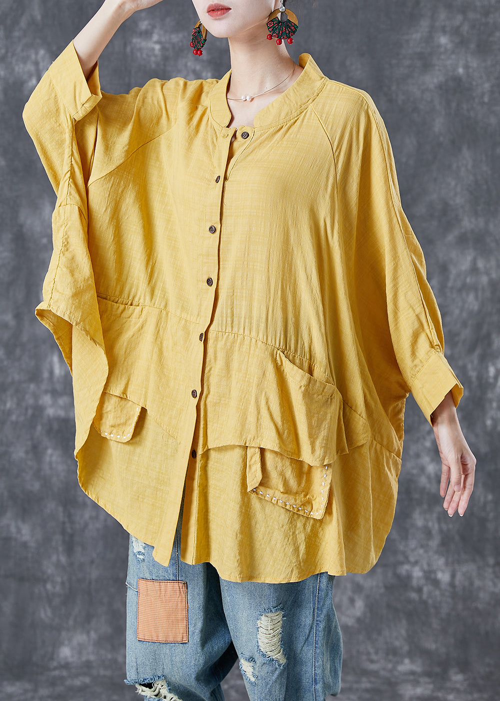 French Yellow Oversized Patchwork Linen Shirts Batwing Sleeve LY5097 - fabuloryshop