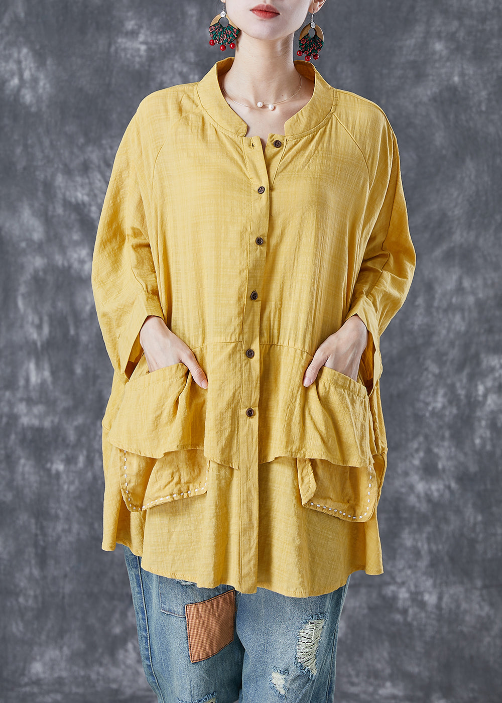 French Yellow Oversized Patchwork Linen Shirts Batwing Sleeve LY5097 - fabuloryshop