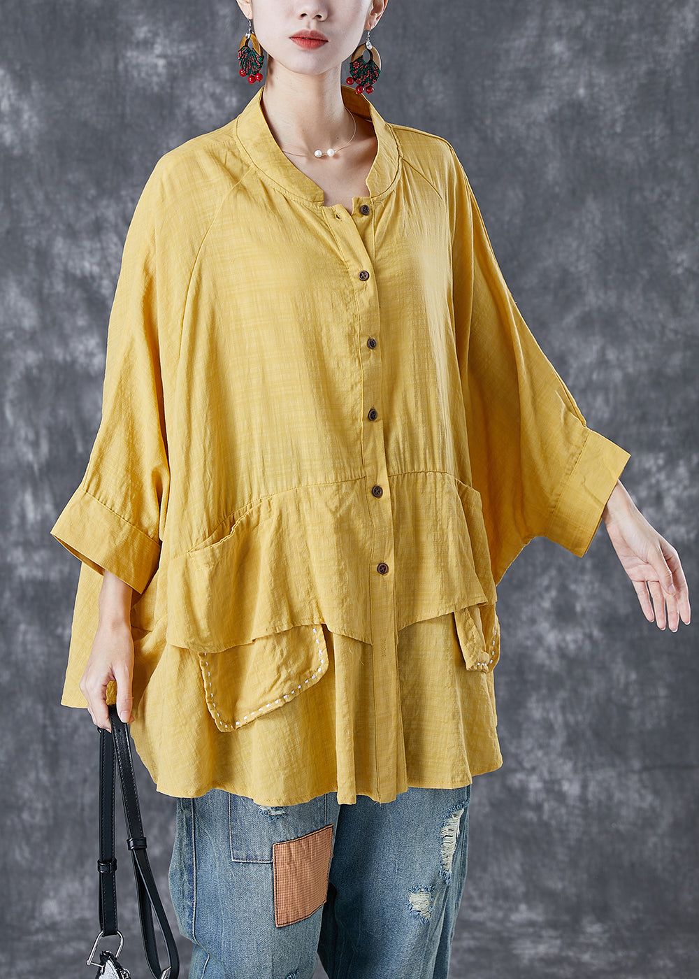 French Yellow Oversized Patchwork Linen Shirts Batwing Sleeve TA1049