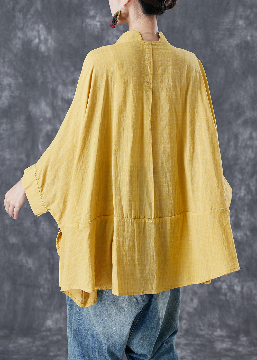 French Yellow Oversized Patchwork Linen Shirts Batwing Sleeve TA1049