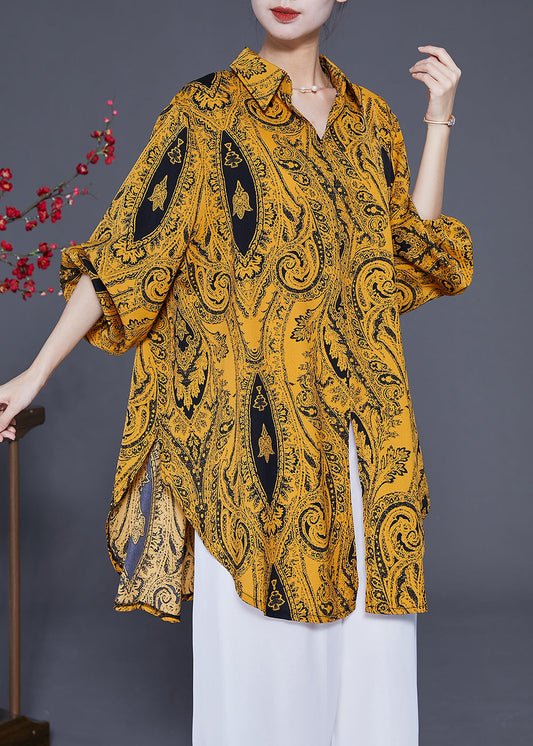 French Yellow Oversized Print Side Open Chiffon Shirt Lantern Sleeve LY3059 - fabuloryshop