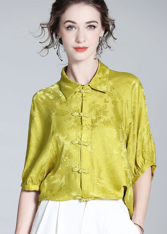 French Yellow Peter Pan Collar Patchwork Oriental Button Silk Shirt Spring LY0142 - fabuloryshop