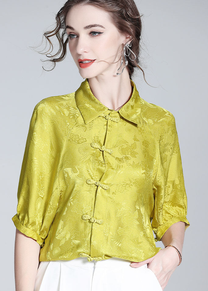 French Yellow Peter Pan Collar Patchwork Oriental Button Silk Shirt Spring LY0142 - fabuloryshop