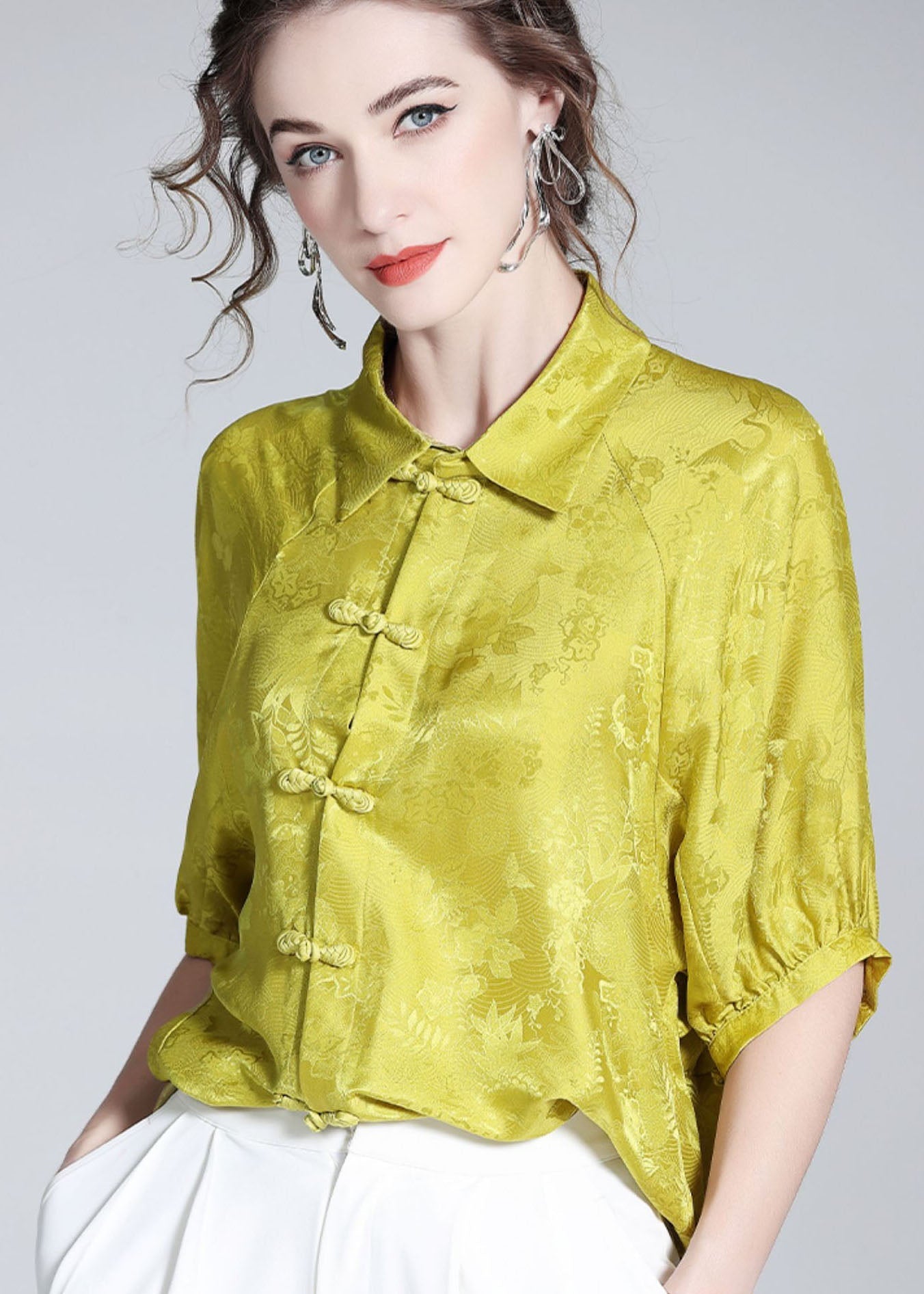 French Yellow Peter Pan Collar Patchwork Oriental Button Silk Shirt Spring LY0142 - fabuloryshop