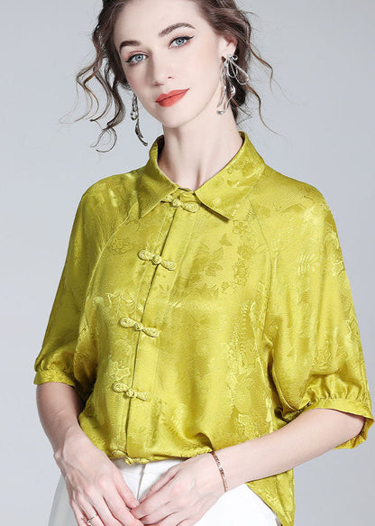 French Yellow Peter Pan Collar Patchwork Oriental Button Silk Shirt Spring LY0142 - fabuloryshop