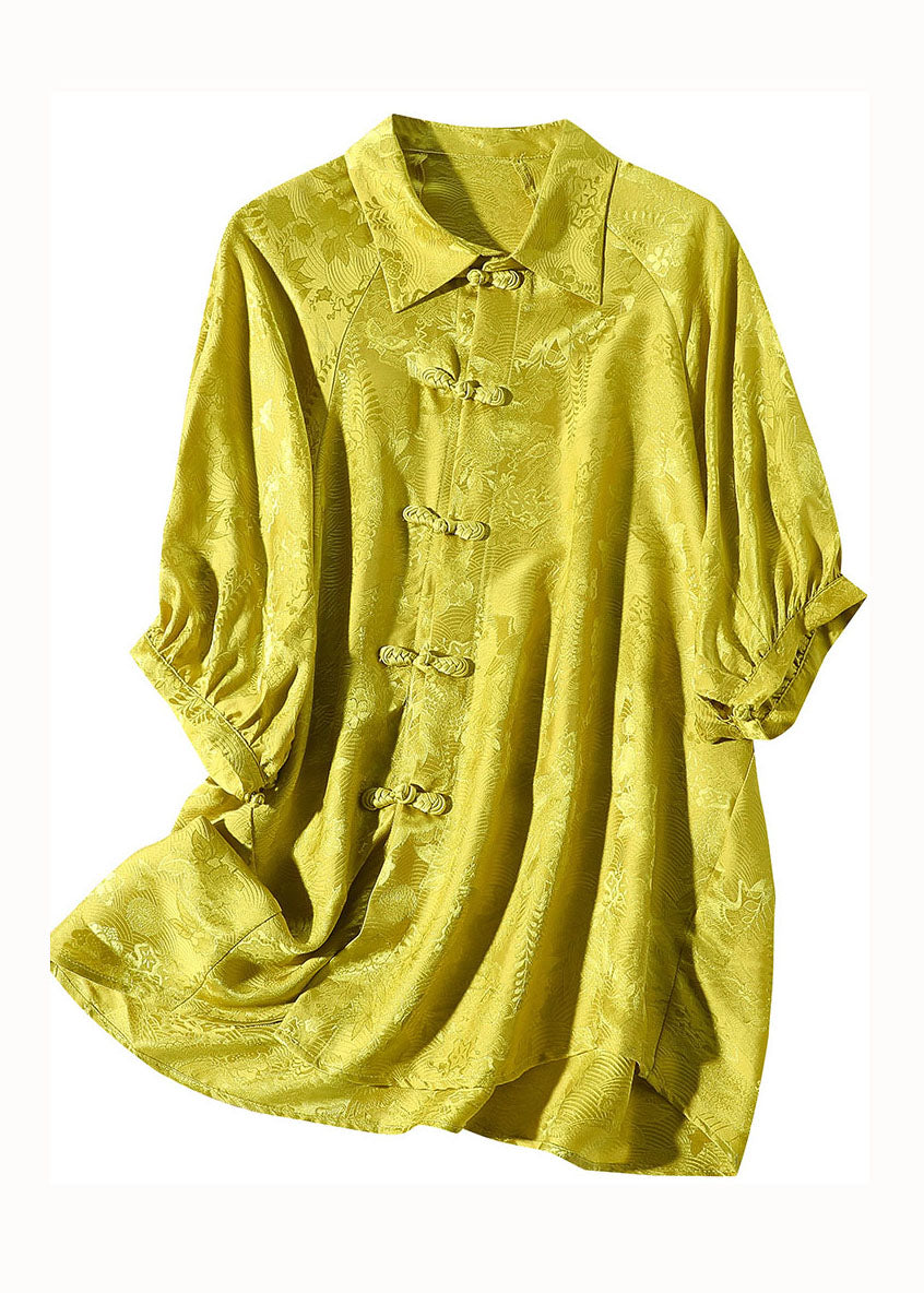 French Yellow Peter Pan Collar Patchwork Oriental Button Silk Shirt Spring LY0142 - fabuloryshop