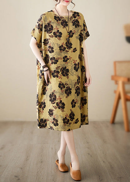 French Yellow Print Patchwork Holiday Long Dress Short Sleeve Ada Fashion