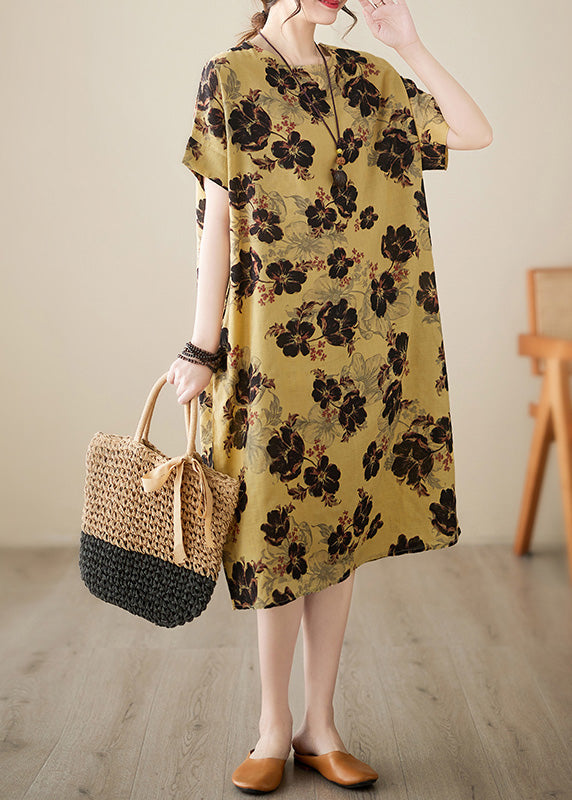French Yellow Print Patchwork Holiday Long Dress Short Sleeve Ada Fashion