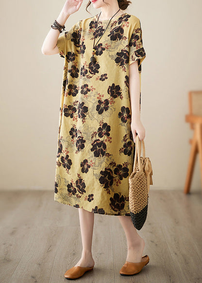 French Yellow Print Patchwork Holiday Long Dress Short Sleeve Ada Fashion