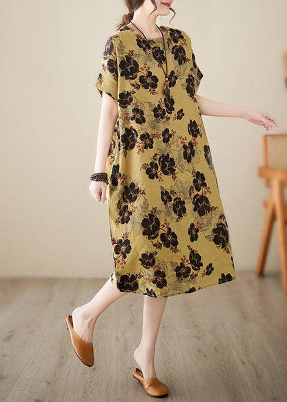 French Yellow Print Patchwork Holiday Long Dress Short Sleeve Ada Fashion