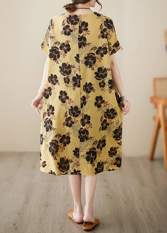 French Yellow Print Patchwork Holiday Long Dress Short Sleeve Ada Fashion
