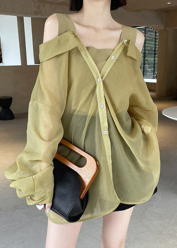 French Yellow Slash Neck Button Fake Two Pieces Silk Shirt Spring LY0791 - fabuloryshop