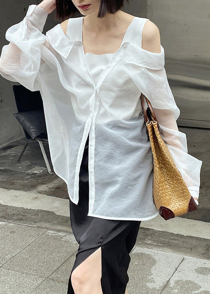 French Yellow Slash Neck Button Fake Two Pieces Silk Shirt Spring LY0791 - fabuloryshop