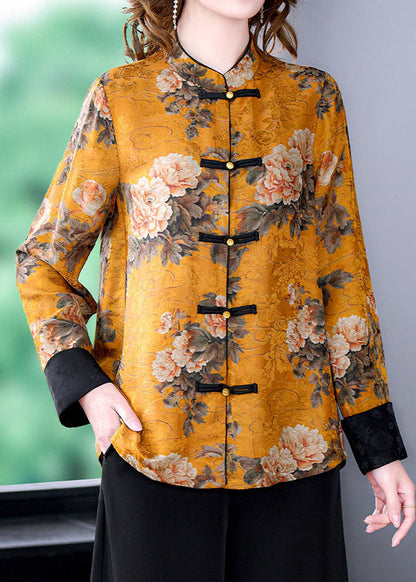 French Yellow Stand Collar Chinese Button Print Silk Outwear Spring LC0258 - fabuloryshop