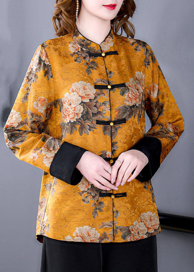 French Yellow Stand Collar Chinese Button Print Silk Outwear Spring LC0258 - fabuloryshop
