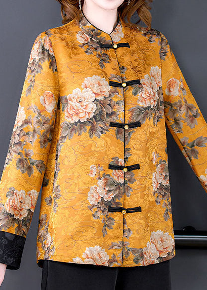 French Yellow Stand Collar Chinese Button Print Silk Outwear Spring LC0258 - fabuloryshop