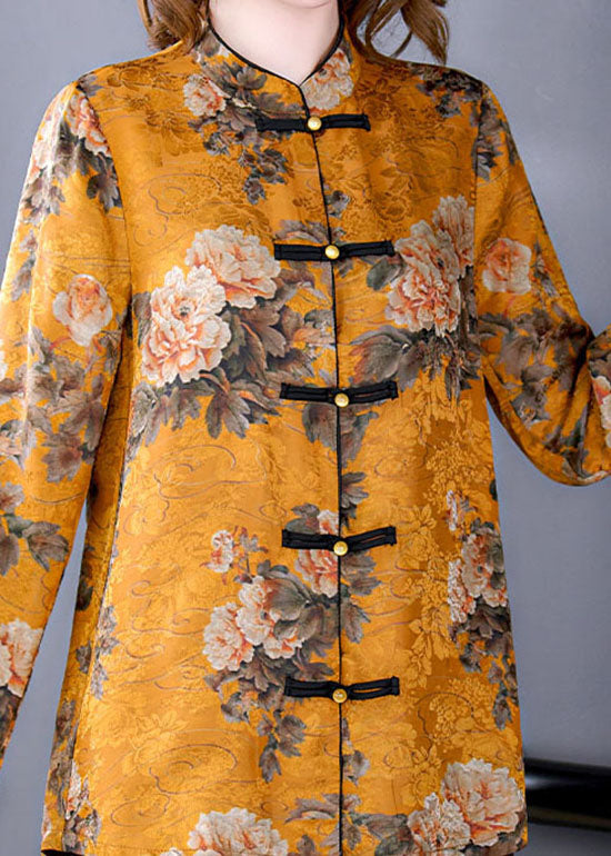 French Yellow Stand Collar Chinese Button Print Silk Outwear Spring LC0258 - fabuloryshop
