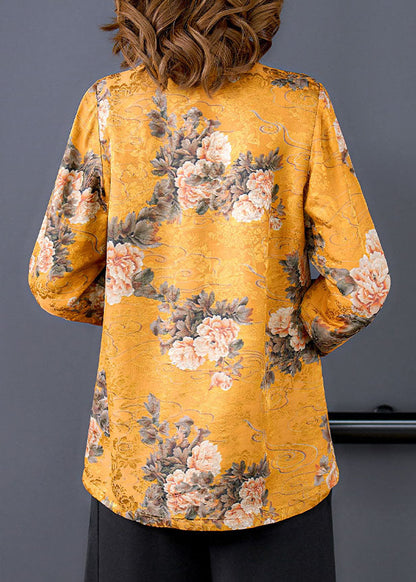 French Yellow Stand Collar Chinese Button Print Silk Outwear Spring LC0258 - fabuloryshop