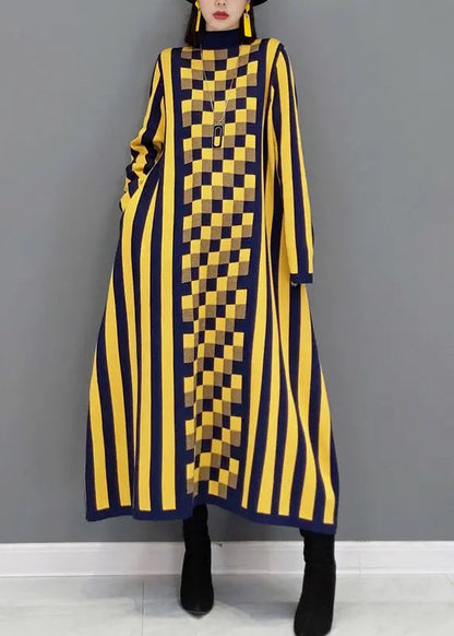 French Yellow Striped Hign Neck Patchwork Knit Long Dress Fall Ada Fashion