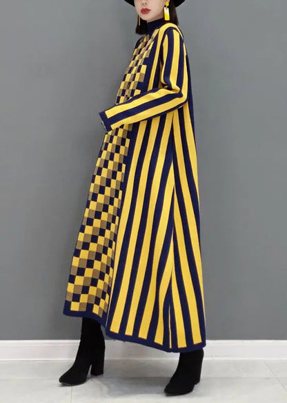 French Yellow Striped Hign Neck Patchwork Knit Long Dress Fall Ada Fashion